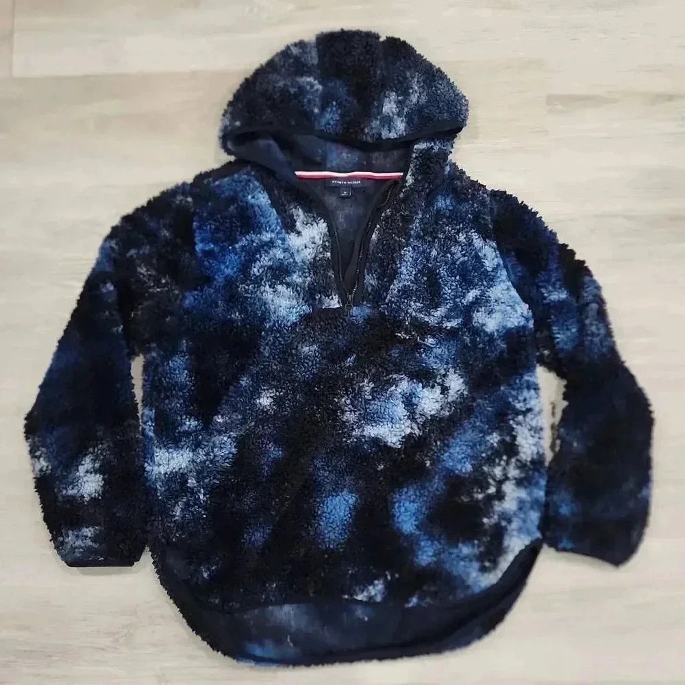 Tommy Hilfiger Womens Teddy Fleece Tie Dye Flag Logo 1/2 Zip Hoodie Navy Medium